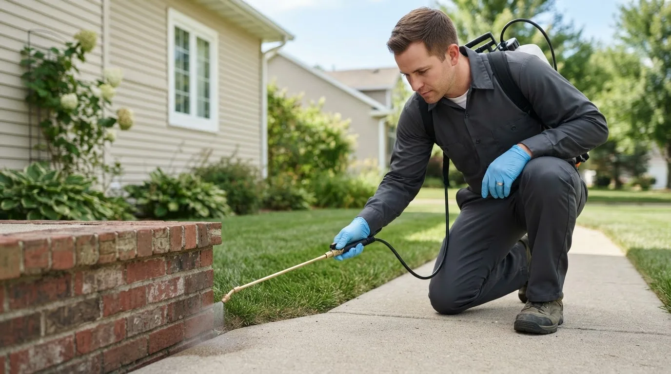 Pest control technician treating a home near Shirland, IL