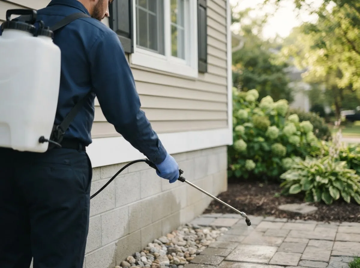 Pest control technician inspecting a home in Shirland, IL